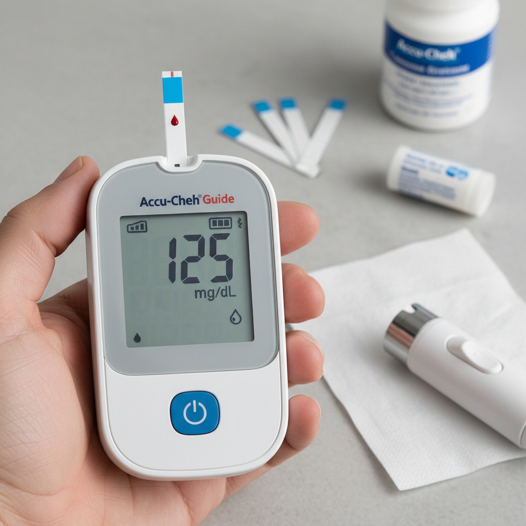A hand holds an Accu-Chek Guide blood glucose meter displaying a reading of 125 mg/dL with testing supplies arranged on a table nearby.